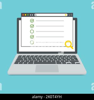 Computer portatile in stile piatto alla moda con finestra del browser. Elementi della casella di controllo del segno di spunta dell'elenco di controllo Modello di schermata del sito Web. Computer portatile. Sito Web aziendale te Illustrazione Vettoriale