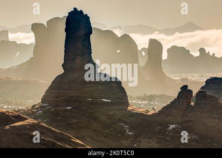 In inverno, la nebbia si radica intorno alle formazioni rocciose di arenaria nel Parco Nazionale di Arches. Moab, Utah. Foto Stock