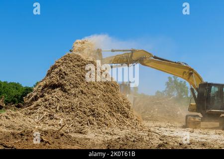 Terra che sta preparando per lo sviluppo dell'alloggiamento della costruzione con la macchina di trituratore industriale lavora le radici che tagliano ai trucioli Foto Stock