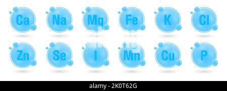 Minerali. Set di macrominerals e microminerals, raccolta. CA, Na, mg, Fe, Cl, K, Zn, se, i, Mn, Illustrazione della Nutrizione Cu, P. Elementi dietetici. Mio Illustrazione Vettoriale