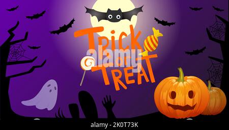 Halloween trucco o trattare banner design. Banner per post, volantini o poster sui social media. Trucco o trattare con caramelle, zucca e pipistrelli su sfondo viola scuro. Illustrazione vettoriale spettrale. Illustrazione Vettoriale