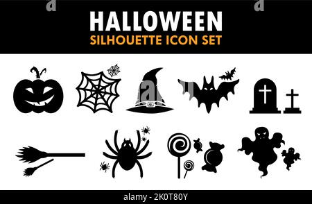 Halloween Silhouette icona Set Pumpkin Web Hat grave Holiday Illustration Illustrazione Vettoriale