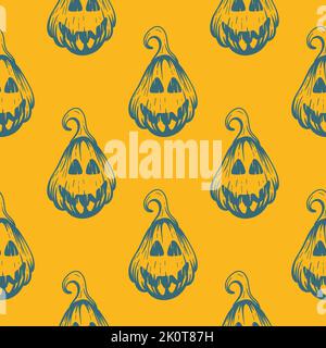 Sfondo giallo brillante con zucche di Halloween. Motivo senza cuciture con spaventosi volti horror di testine di zucca incise a mano. Stampa per confezione, carta Illustrazione Vettoriale