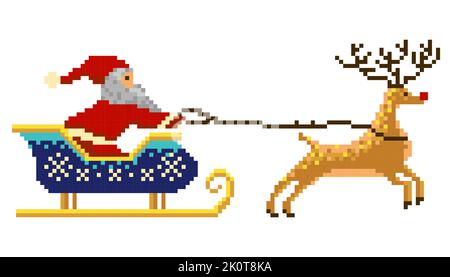 Babbo Natale su slitta con cervi in pixel Art Illustrazione Vettoriale