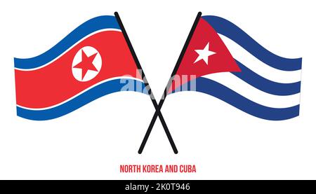 La Corea del Nord e le Bandiere Cuba hanno attraversato e ondulato stile piatto. Proporzione ufficiale. Colori corretti. Illustrazione Vettoriale