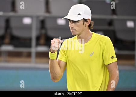 Alex De Minaur in Australia si è fatto pugno durante la partita tra il belga Goffin e l'australiano de Minaur, la seconda partita tra la squadra belga e l'Australia, nel Gruppo C della fase di gruppo delle finali della Coppa Davis 2022, martedì 13 settembre 2022, ad Amburgo, Germania. Il Belgio si contenderà dal 13 al 18 settembre contro Australia, Germania e Francia nel Gruppo C. BELGA FOTO LAURIE DIEFFEMBACQ Foto Stock