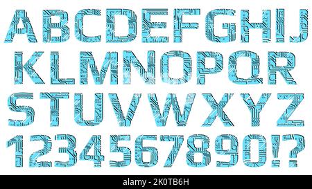 Set di alfabeti latini digitali perforati con piste per circuito stampato isolate su bianco. Lettere maiuscole colorate per il mondo digitale moderno. Des vettore Illustrazione Vettoriale
