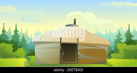 Yurt in tundra. Taiga paesaggio. Dimora di popolazioni nomadi settentrionali nell'Artico. Da feltro e vettore di illustrazione di skins. Illustrazione Vettoriale