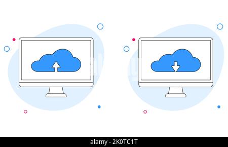 Icona di caricamento e download sul cloud sullo schermo del computer. Illustrazione vettoriale in stile linea piatta. Vettore Illustrazione Vettoriale