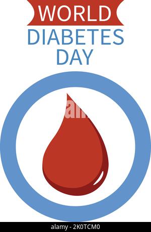 World diabetes day awareness poster blood drip simbolo con cerchio blu cornice logo logo design sulla mappa del mondo sfondo vettore illustrazione Illustrazione Vettoriale