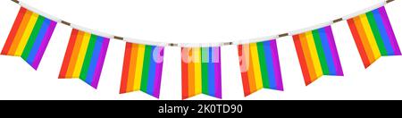 LGBT garland. Catena di pennants di colore arcobaleno. Decorazioni per gruppi. Bandiere di celebrazione per l'arredamento di orgoglio. Piè di pagina e sfondo banner Illustrazione Vettoriale