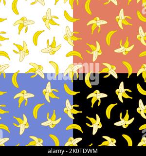 Set di motivi senza cuciture con banane mature dolci pelate. Raccogliendo frutte tropicali. Ornamento per decorazione e stampa su tessuto. Elemento di progettazione. V Illustrazione Vettoriale
