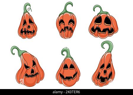 Set di zucca di Halloween spoky disegnata a mano. Orribili volti di personaggi per le feste di Halloween. Teste tradizionali con differenti vettori emoziones.isolated Illustrazione Vettoriale