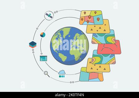 Sistema di informazione geografica. GIS Spatial Data Layers Concept per l'analisi aziendale. Illustrazione vettoriale. Illustrazione Vettoriale