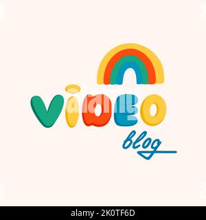 Video blog adesivo per un social media, facendo un blog o vlog vettore flat illustrazione. Set di icone dei cartoni animati per la creazione di contenuti Internet Illustrazione Vettoriale