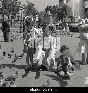 1950s, storica, con i suoi due giovani daughers accanto a lei, una signora con le sue due mani sdraiò nutrendo i piccioni a Trafalgar Square, Londra, Inghilterra, Regno Unito. Un'attività tradizionale per oltre cento anni, greggi di piccioni scenderebbero sulla piazza per ricevere cibo da coloro che visitano il famoso punto di riferimento del centro di Londra. Foto Stock