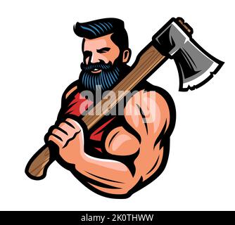 Lumberjack muscoloso con grande ascia in mano. Guerriero o vichingo con l'emblema dell'ascia da battaglia. Illustrazione vettoriale mascotte Illustrazione Vettoriale