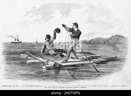 James McRorty e Peter Kelly, del 69th ° Reggimento New York state Militia (catturato a Bull Run), attraversando il fiume Potomac su una zattera mentre si scappa da Richmond, Virginia. Ottobre 1861. Illustrazione della guerra civile americana del 19th° secolo dal quotidiano illustrato di Frank Leslie Foto Stock