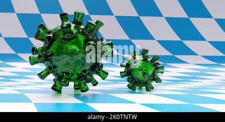 Oktoberfest e COVID 19. Coronavirus sullo sfondo della bandiera bavarese. Festival tradizionale della birra, Monaco di Baviera Germania. rendering 3d Foto Stock