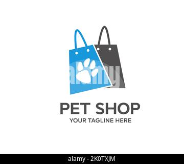 Design con logo PET shop. Zampa per cani in borsa, casa per animali domestici, cura, PET sitting, animali domestici, supermercato negozio di progettazione vettoriale e l'illustrazione. Illustrazione Vettoriale