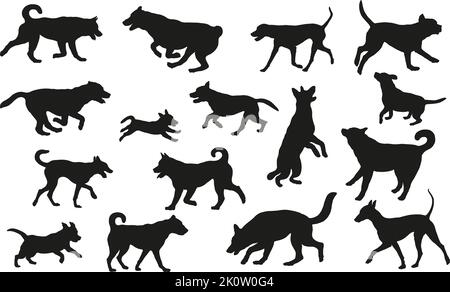 Gruppo di cani di razza varia. Silhouette nera per cani. Correre, stare in piedi, camminare, saltare, annusare i cani. Isolato su sfondo bianco. Animali domestici. Illustrazione Vettoriale