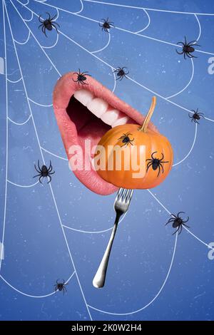 Immagine collage creativa verticale dei denti della bocca umana morso forchetta tenere zucca ragni piccolo web isolato su sfondo disegno Foto Stock