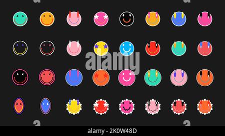 Set di adesivi disegnati a mano alla moda. Emoticon acide Happy Smile Illustrazione Vettoriale