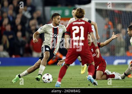 Liverpool, Regno Unito. 13th Set, 2022. LIVERPOOL - Devyne Rensch of Ajax durante la UEFA Champions League Group Una partita tra Liverpool FC e Ajax Amsterdam ad Anfield il 13 settembre 2022 a Liverpool, Regno Unito. ANP MAURICE VAN STEEN Foto Stock