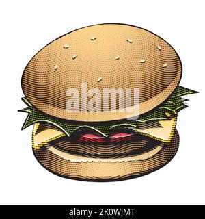 Illustrazione di Scratchboard inciso Burger con riempimento colorato Illustrazione Vettoriale