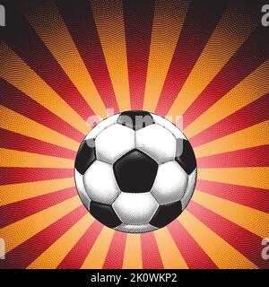 Illustrazione di Scratchboard Soccer Ball inciso su uno sfondo a strisce rosse Illustrazione Vettoriale