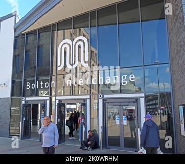 Interscambio Bolton, per collegamenti ferroviari e bus del centro città, TfGM Foto Stock