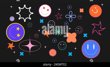 Set di vari adesivi divertenti, patch, spille. Stile cartone animato. Y2K in stile coreano. Illustrazione Vettoriale