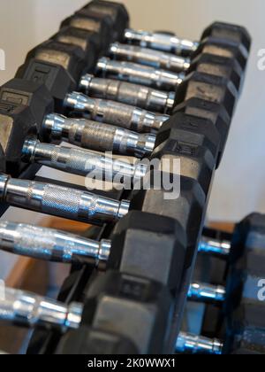 Rack di pesi liberi pesanti manubri in una palestra locale utilizzata per l'esercizio fisico e fitness. Foto Stock