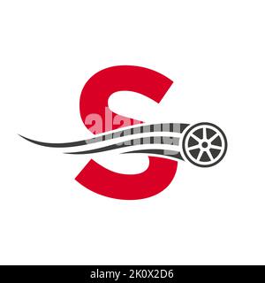 Lettera auto sportiva S Automotive Car Repair Logo Design Concept con icona di trasporto pneumatico modello vettoriale Illustrazione Vettoriale