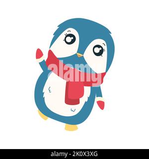 Pinguino in sciarpa rossa. Carino pinguino di Natale carattere. Illustrazione vettoriale isolata su sfondo bianco Illustrazione Vettoriale