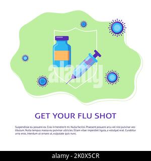 Banner per il colpo d'influenza con posto per il testo. Simbolo di iniezione della siringa, concetto di vaccinazione. Illustrazione vettoriale. Illustrazione Vettoriale