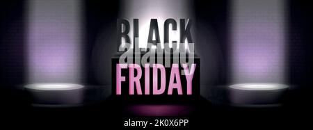Black friday moderna scatola di luci al neon con faretti da podio per il design di poster promozionale di liquidazione stagionale. Offerta di sconto ampia mascherina per banner vettoriale. Vendita più grande dell'anno, tradizionale evento di shopping. Illustrazione Vettoriale