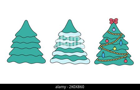 Chrismas albero doodles set. Illustrazione vettoriale di abeti festosi isolati vuoti, con neve e decorati. Carino simbolo di Natale cartone animato su bianco ba Illustrazione Vettoriale