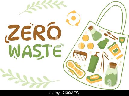 Modello Zero Waste modello piano cartoon disegnato a mano con articoli o prodotti durevoli e riutilizzabili per un design ecocompatibile Illustrazione Vettoriale