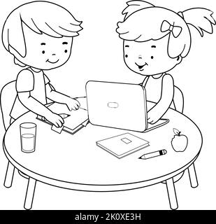 Gli studenti alla scrivania che eseguono i compiti a casa utilizzando un computer. Pagina vettoriale da colorare in bianco e nero Illustrazione Vettoriale