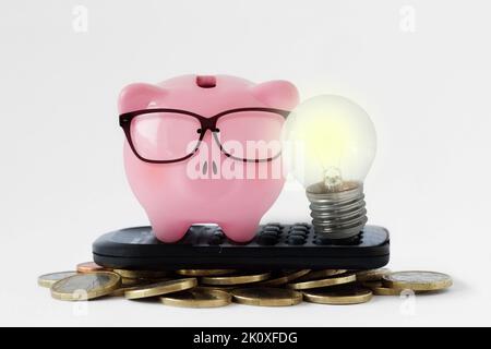 Piggy bank con lampadina su calcolatrice e monete - concetto di energia elettrica e risparmio energetico Foto Stock