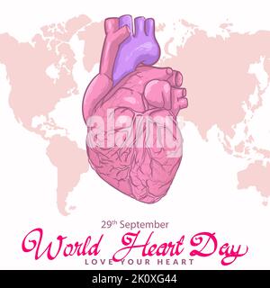 concetto di giornata del cuore del mondo. organo del cuore disegnato a mano con mappa dietro. illustrazione vettoriale Illustrazione Vettoriale