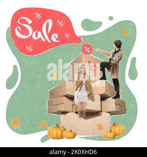 Volantino per la promozione delle vendite stagionali, Black Friday, Halloween Concept. Stile di moda vintage retrò. Shopping, idee, ispirazione, bussiness. Foto Stock