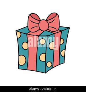 Scatola regalo doodle isolato. Illustrazione vettoriale del simpatico cartoon colorato giftbox su sfondo bianco. Presenta l'elemento di progettazione disegnato a mano per CHRI Illustrazione Vettoriale