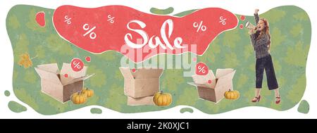 Volantino per la promozione delle vendite stagionali, Black Friday, Halloween Concept. Stile di moda vintage retrò. Shopping, idee, ispirazione, bussiness. Foto Stock