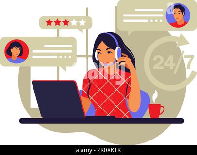 Concetto di servizio clienti. Supporto, assistenza, call center. Illustrazione vettoriale. Piatto. Illustrazione Vettoriale