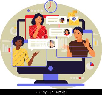 Concetto di telelavoro. Il team discute le idee attraverso una riunione online. Illustrazione vettoriale. Piatto. Illustrazione Vettoriale