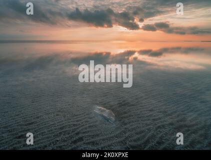 Tramonto arancione sul Salt Lake Elton, paesaggio minimalista Foto Stock