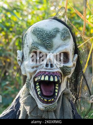 Costume da diavolo, maschera fantasma bianca. Ideale per il festival di Halloween o il carnevale. Maschera horror. Maschera di zombie non morta. Primo piano Foto Stock