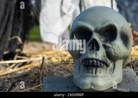 Cranio sdraiato su una tomba. Concetto per festa di Halloween o carnevale. maschera horror. Maschera di zombie non morta. primo piano Foto Stock